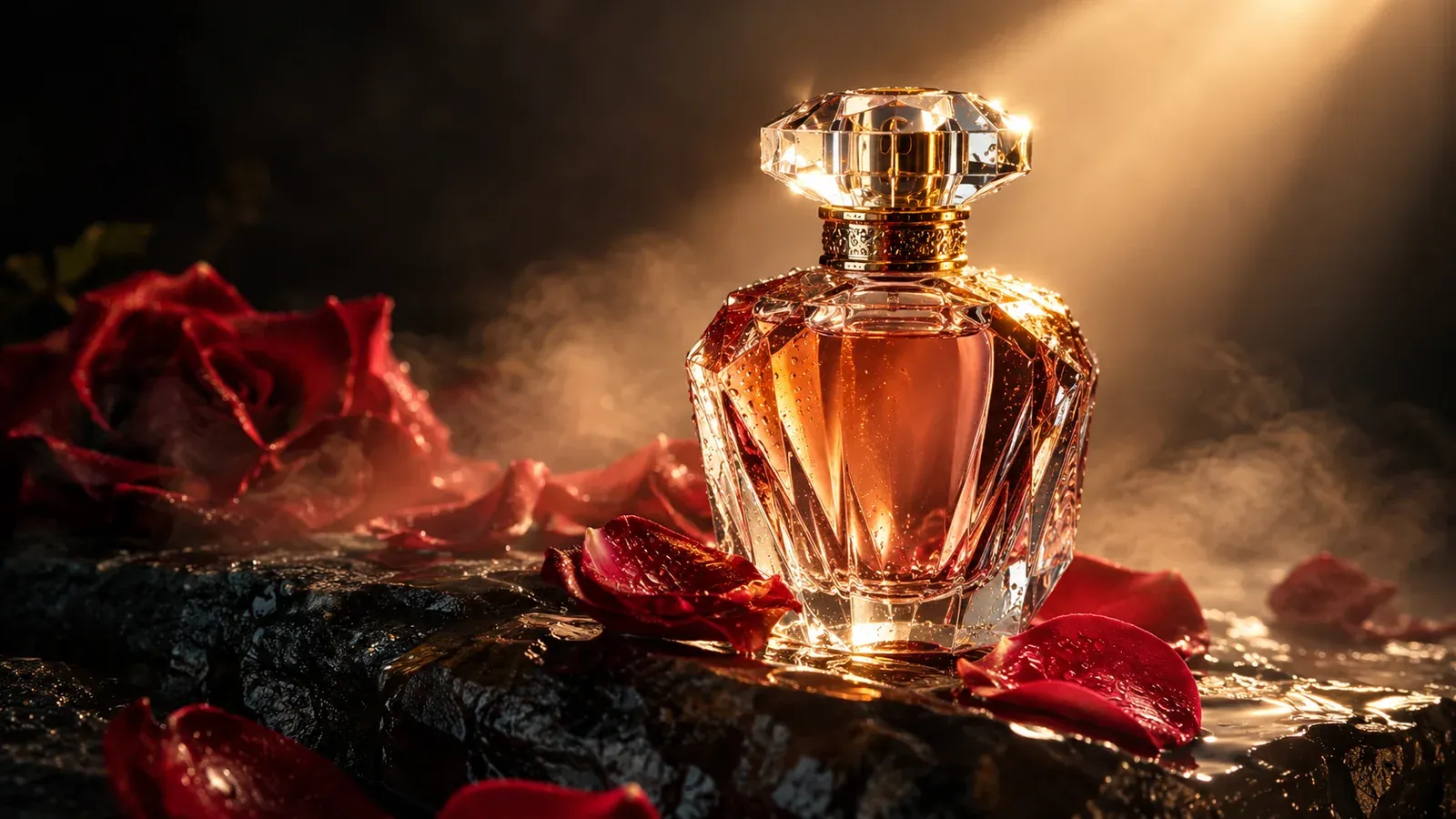 Faceted glass perfume bottle on wet black stone with rose petals, generated with GPT Image 2.5 Sunburst in Omnely
