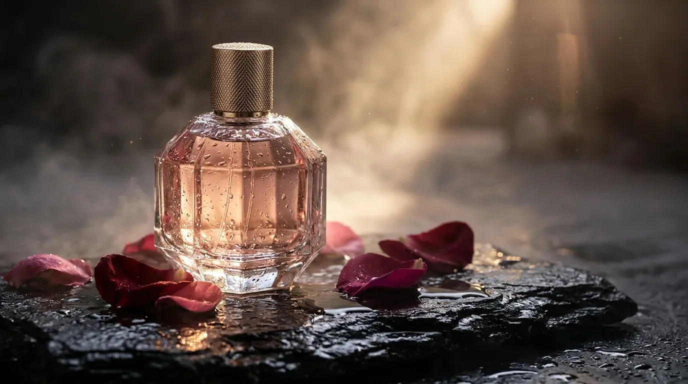 Faceted glass perfume bottle on wet black stone with rose petals, generated with Nano Banana 2.1 in Omnely