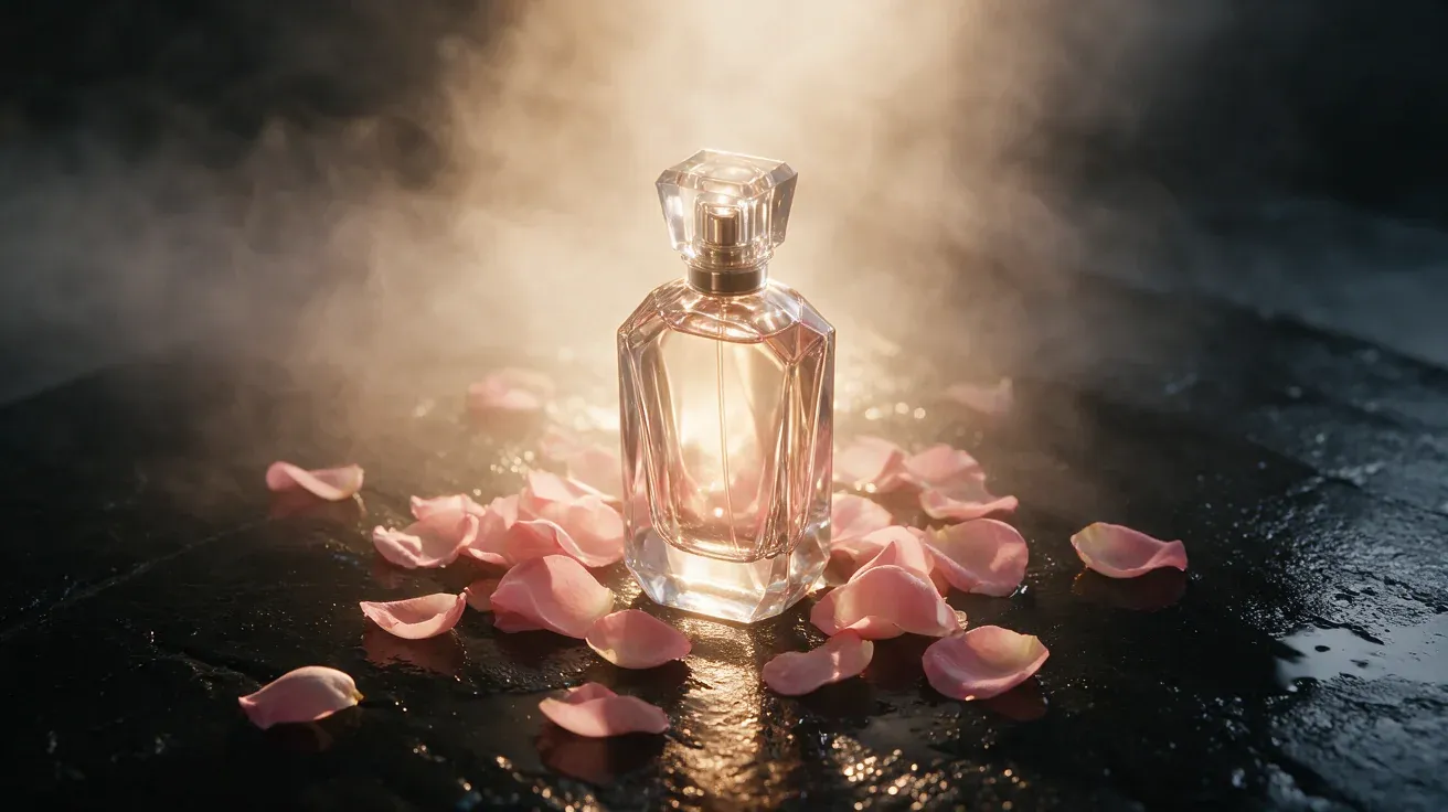 Faceted glass perfume bottle on wet black stone with rose petals, generated with Seedream 5.0 Pro in Omnely