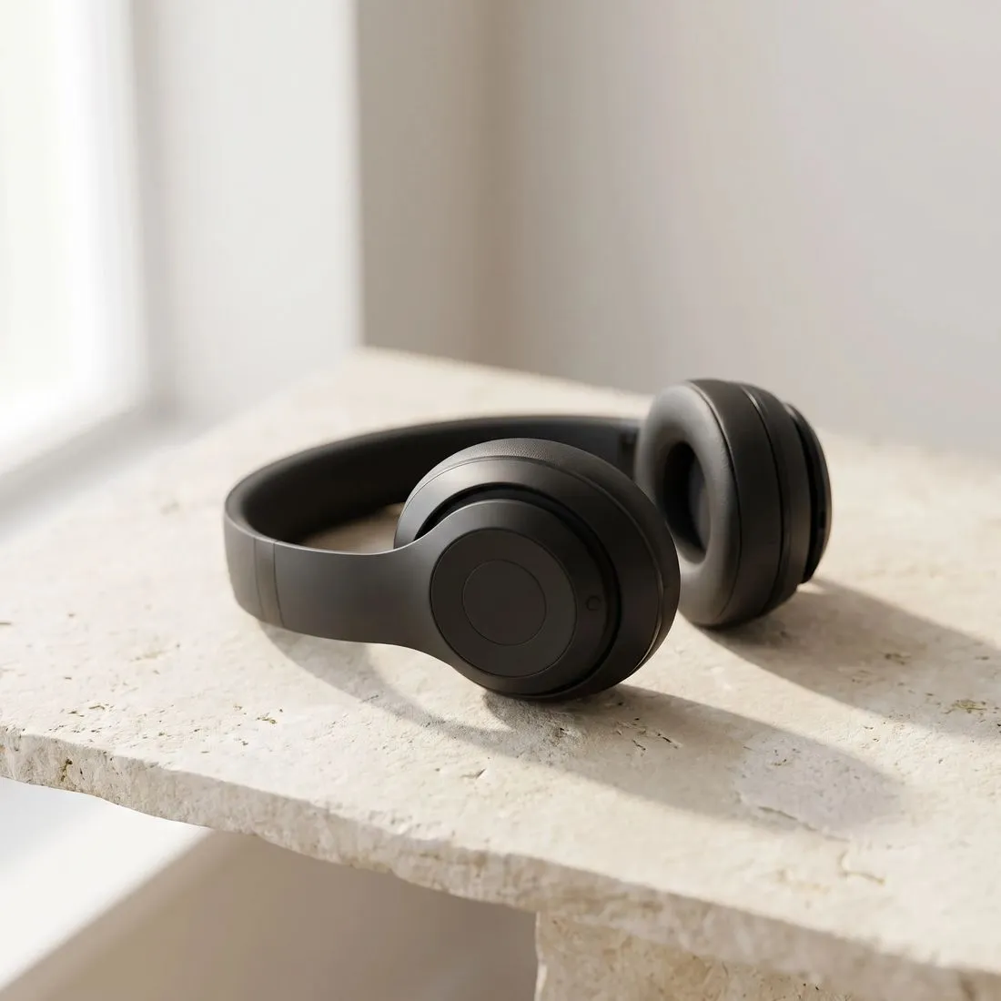 Nano banana pro prompts example: matte black headphone on limestone
