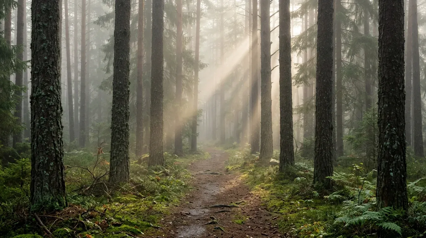 Prompt 3, foggy pine forest: real Omnely output from Nano Banana 2 at 1K