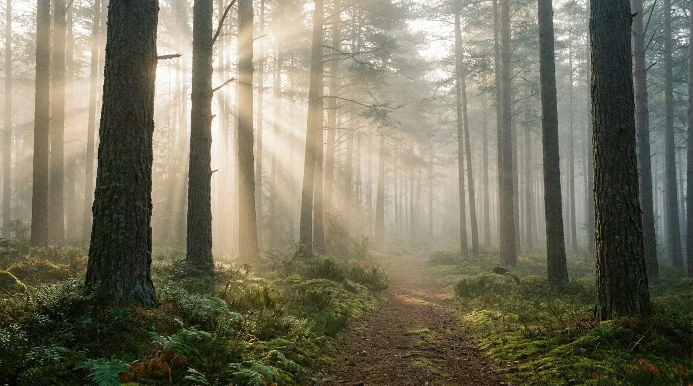 Prompt 3, foggy pine forest: real Omnely output from Nano Banana Pro at 1K