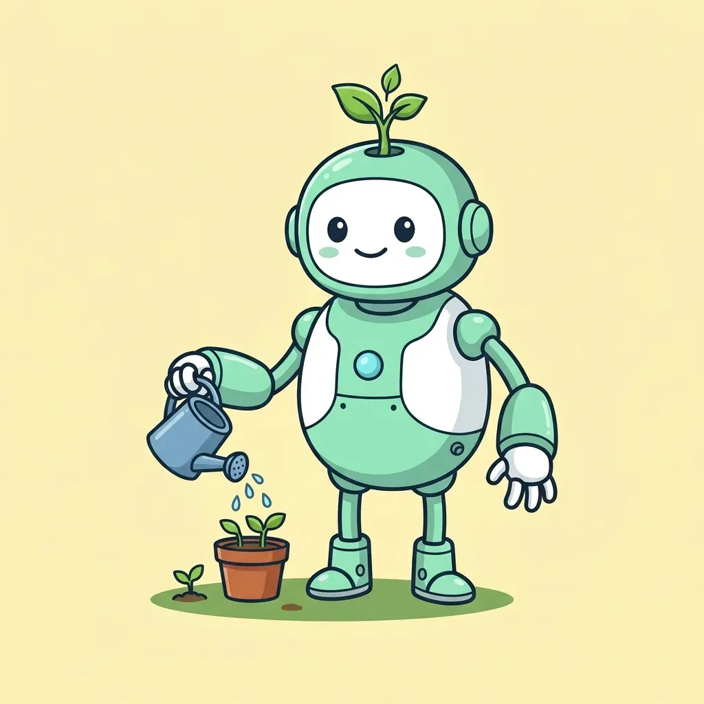 Prompt 5, robot gardener mascot: real Omnely output from Nano Banana 2 at 1K