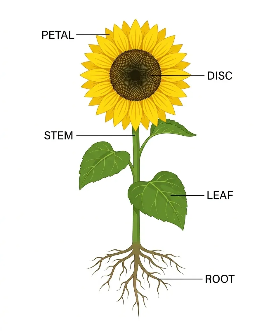 Prompt 7, sunflower anatomy diagram: real Omnely output from Nano Banana 2 at 1K