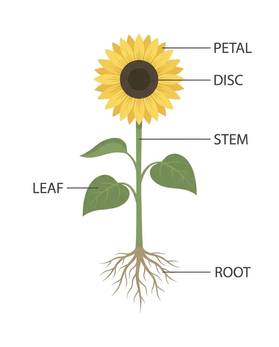 Prompt 7, sunflower anatomy diagram: real Omnely output from Nano Banana Pro at 1K