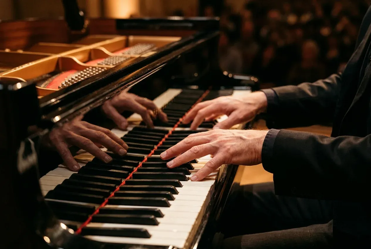Prompt 8, pianist's hands: real Omnely output from Nano Banana 2 at 1K