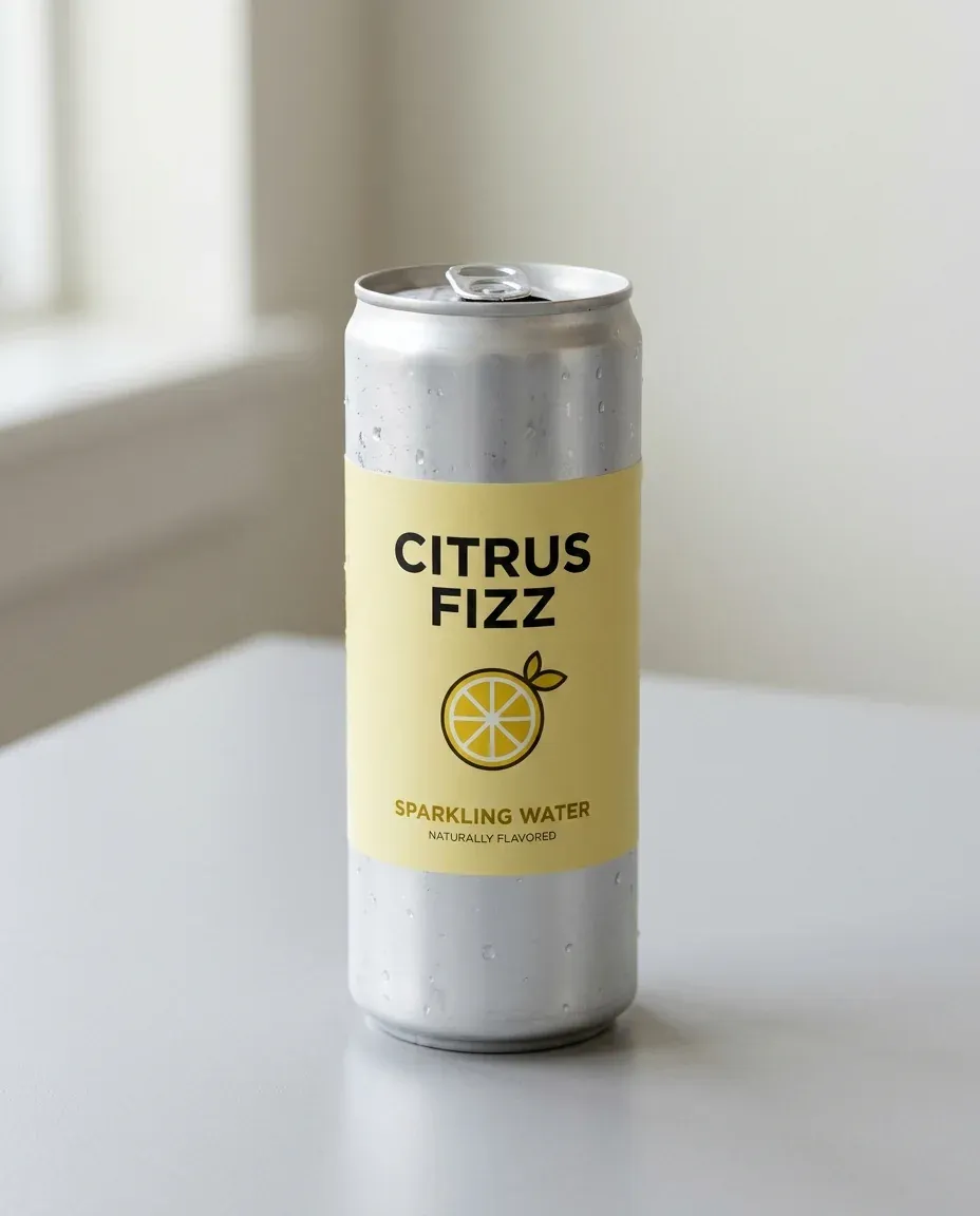 Prompt 9, sparkling water can: real Omnely output from Nano Banana 2 at 1K