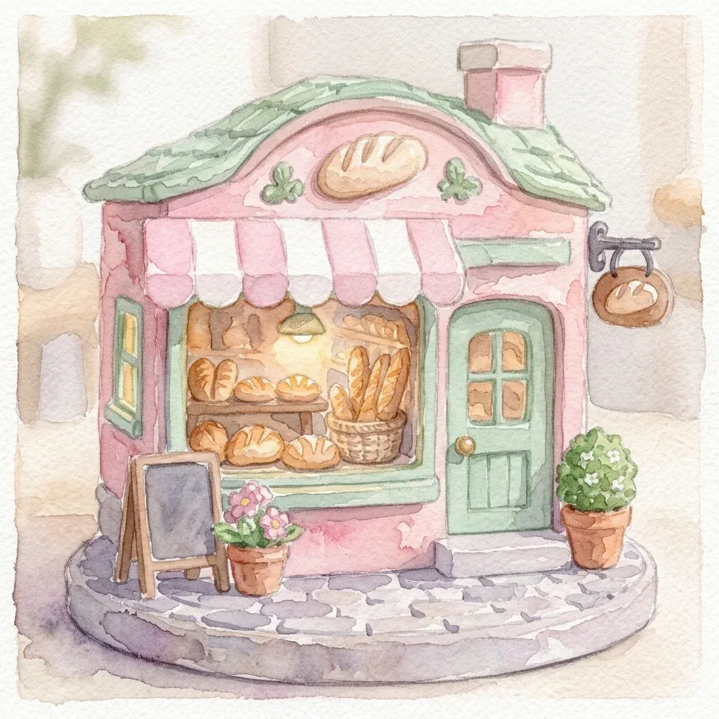 Prompt 10, bakery as watercolor from a reference: real Omnely output from Nano Banana 2 at 1K