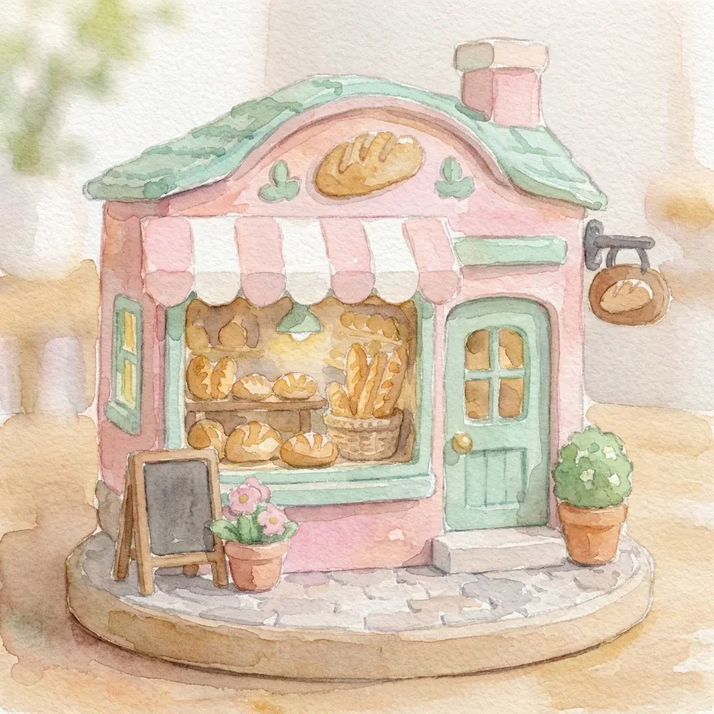 Prompt 10, bakery as watercolor from a reference: real Omnely output from Nano Banana Pro at 1K