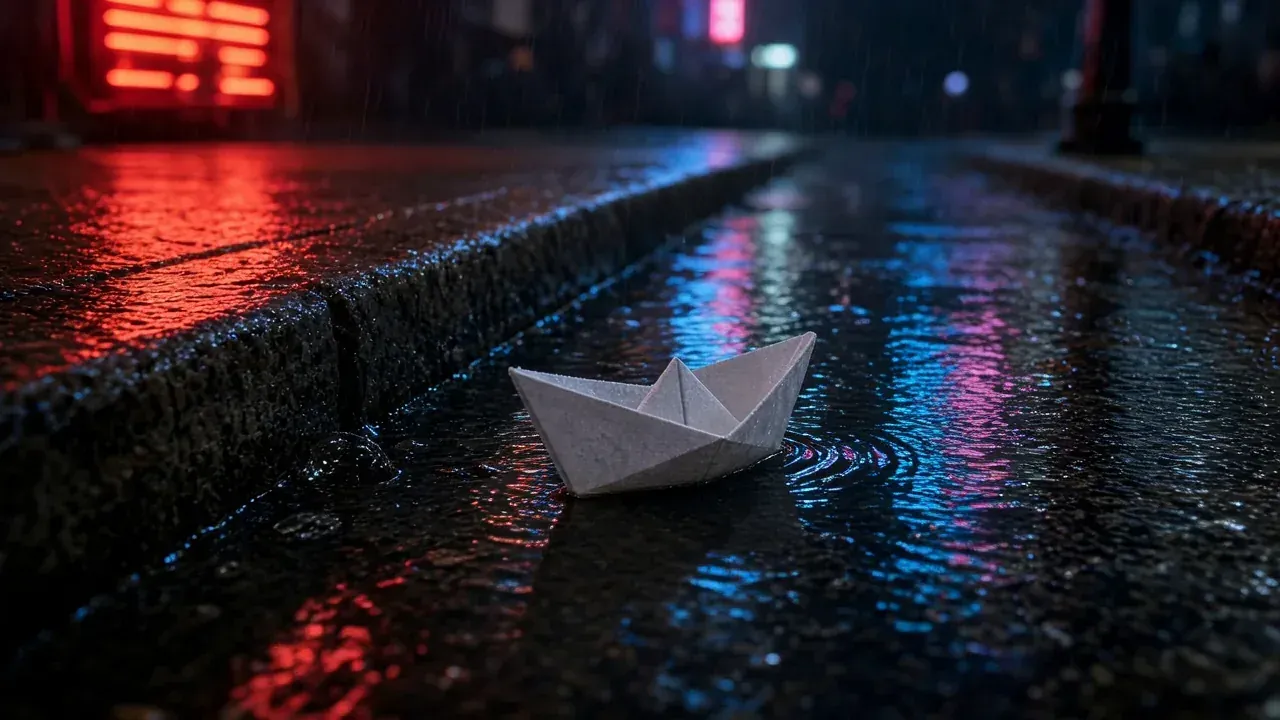 Paper boat in a rain-soaked city gutter at night with red and blue neon reflections
