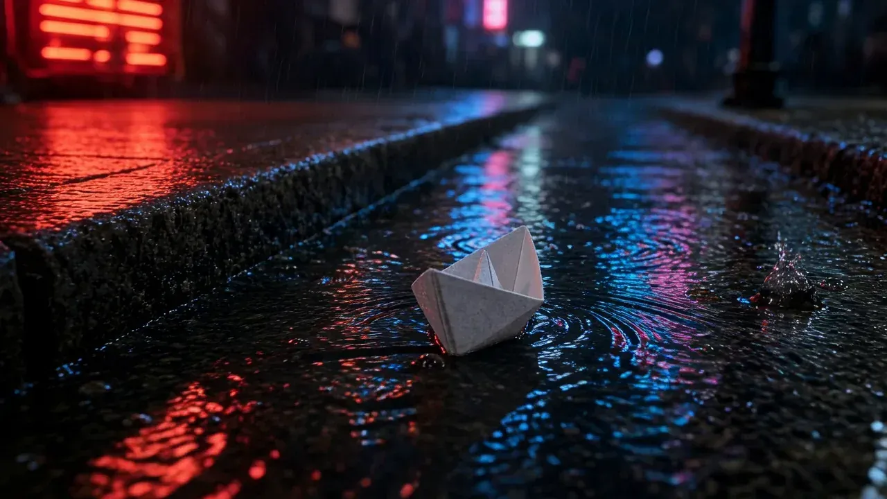 The paper boat turning in rain ripples beside a stone curb under neon light