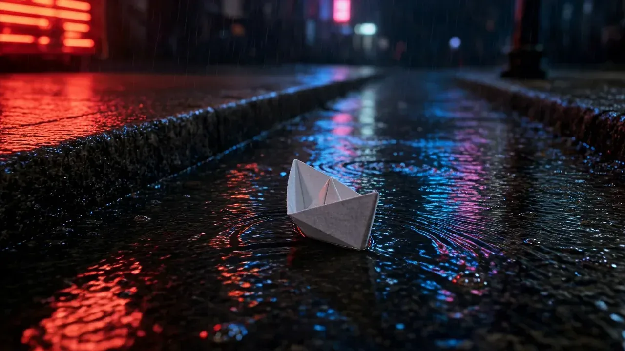 The paper boat still near the same spot in the wet gutter with neon reflections